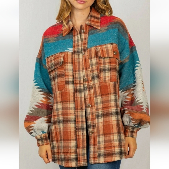 White Birch Orange And Blue Plaid/Aztec Shirt Jacket Size Medium - Picture 3 of 8